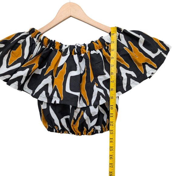 Francis Benedict Crop Top Womens Black Gold African Flutter Sleeve Pullover OS - Picture 6 of 8